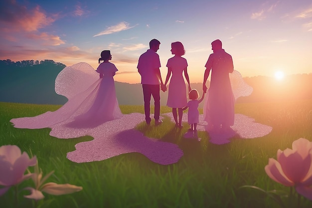 Photo happy family silhouette on the sunset