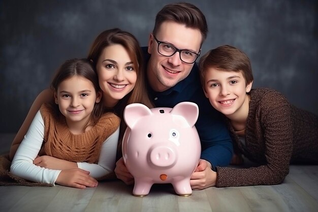 Photo happy family sitting on the floor around the piggy bank