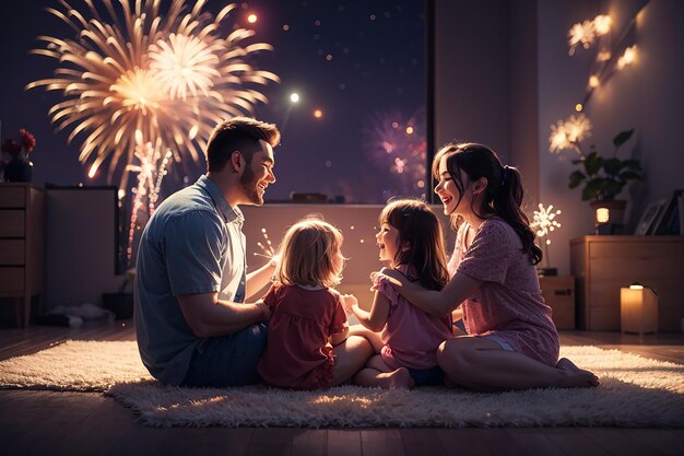 Happy family sitting on floor and watching the fireworks