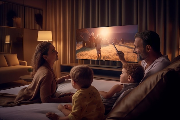 Happy family sitting on a hotel bed and watching TV Generative AI