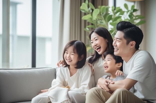 Photo a happy family sitting together on a couch sharing a joyful moment the warm and inviting indoor