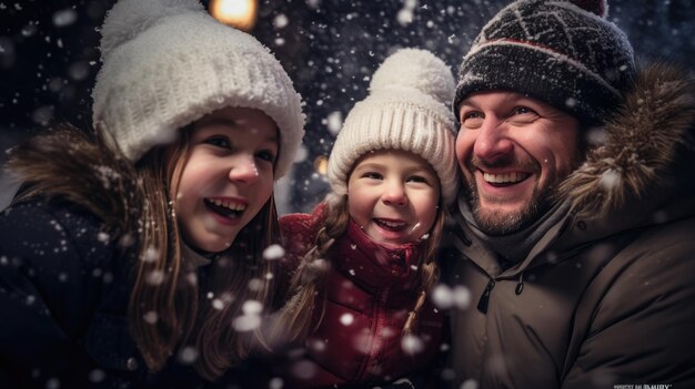 Photo happy family smiles in the snowfall outside