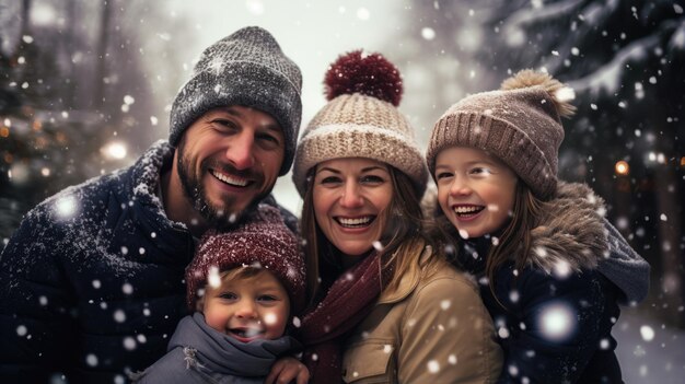 Photo happy family smiles in the snowfall outside