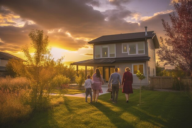 Happy family smiling outside their new home at sunset