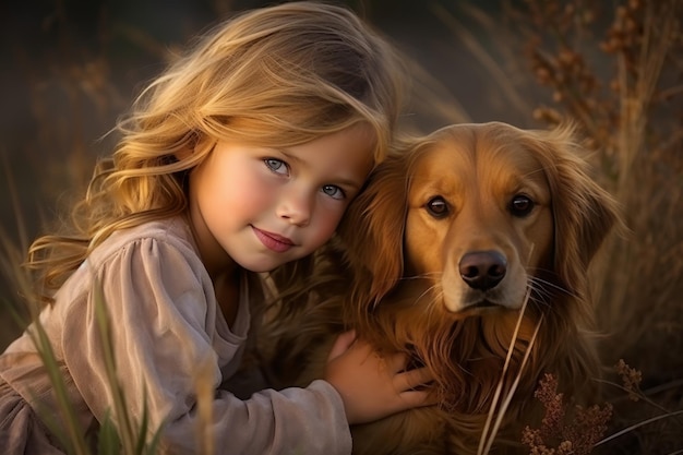 Happy family spending quality time playing with golden retriever dog on the green backyard lawn