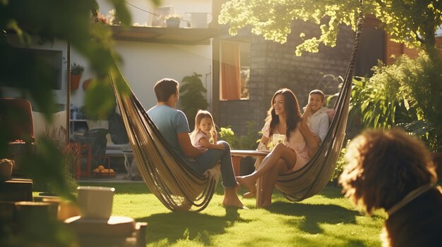 Счастливая семья проводит время вместе на заднем дворе в солнечный день