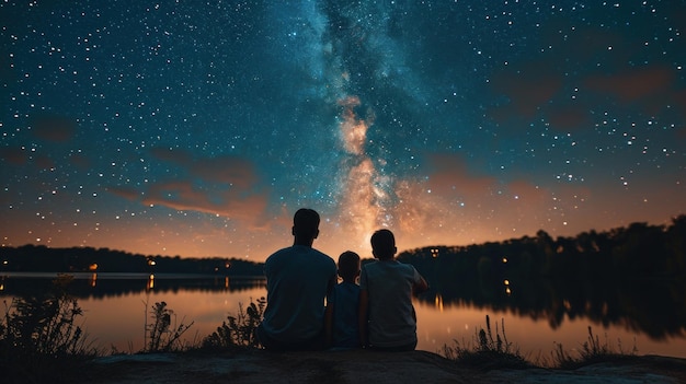 Photo happy family stargazing the night sky reflecting the infinite love between them