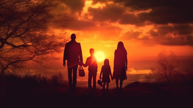 Happy family at sunset background Generative AI