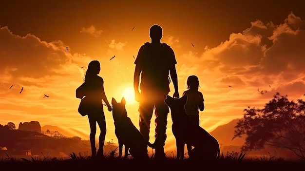 Photo happy family on sunset background silhouettes of people and dogs beagle and belgian shepherd malinois