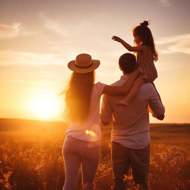 Happy family at sunset father mother and two children daughters having fun and playing in nature the
