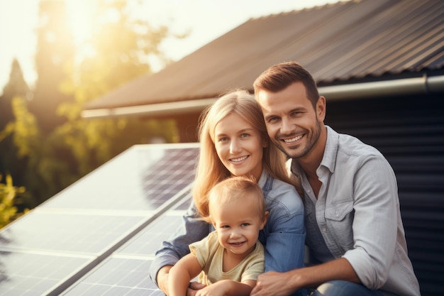 A happy family surrounded by solar panels environmental concept