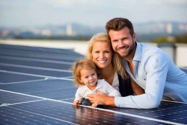 A happy family surrounded by solar panels environmental concept