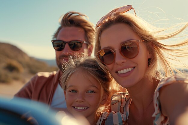 Happy Family Taking a Selfie on a Sunny Road Trip Smiling family