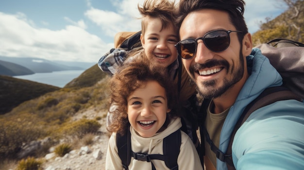 Happy family taking selfie on a trip