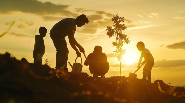 Photo happy family team planting tree in sun spring time farmer dad mom child planting tre generative ai