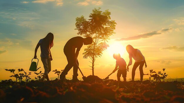 Photo happy family team planting tree in sun spring time farmer dad mom child planting tre generative ai