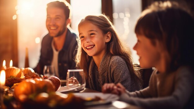 Photo happy family at thanksgiving dinner