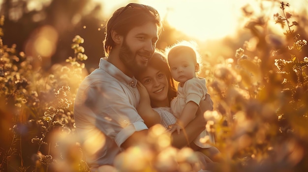 Happy family of three enjoying the beautiful summer day in the field of flowers