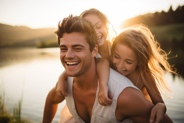 Happy family of three at the lake