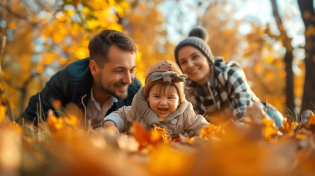 Счастливая семья из трех человек лежит в осенних листьях в парке ребенок смеется родители улыбаются