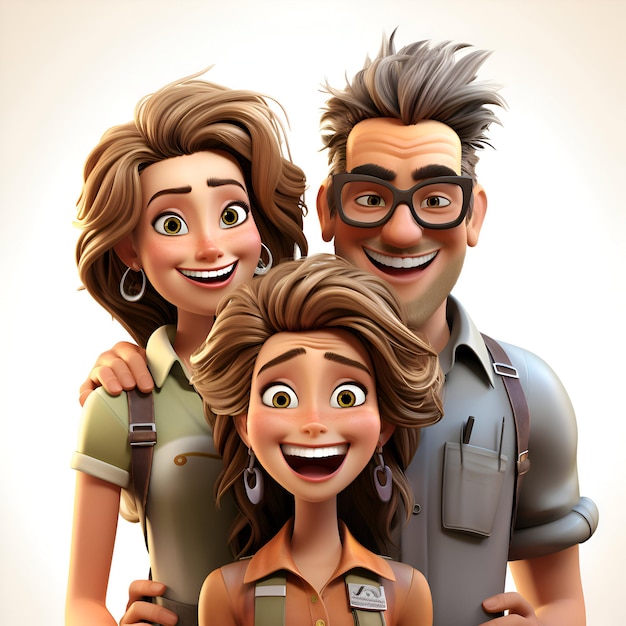 Happy family of three people looking at the camera 3D rendering