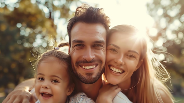 Happy family of three smiling and laughing together in the park