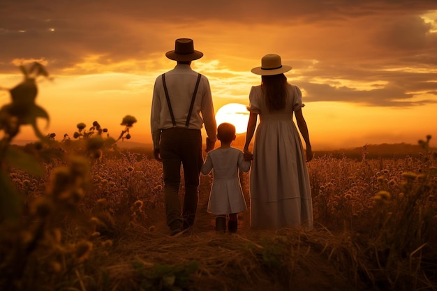 A happy family together in a field at sunset Generative Ai