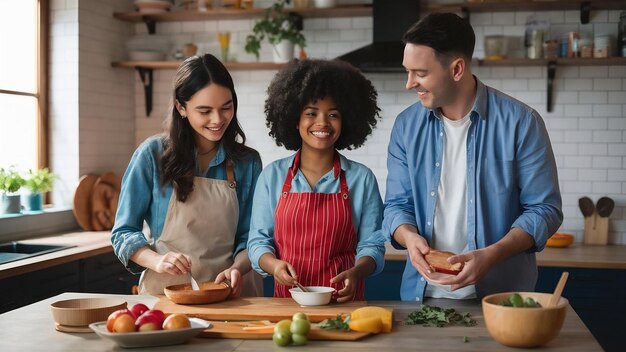 Foto famiglia felice insieme in cucina a preparare il cibo