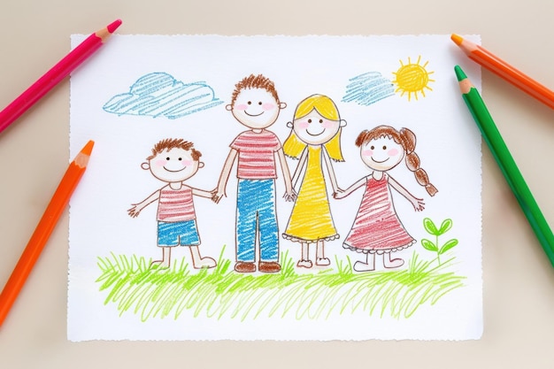 Photo happy family together naive childrens drawing with colored chalk crayon pencil