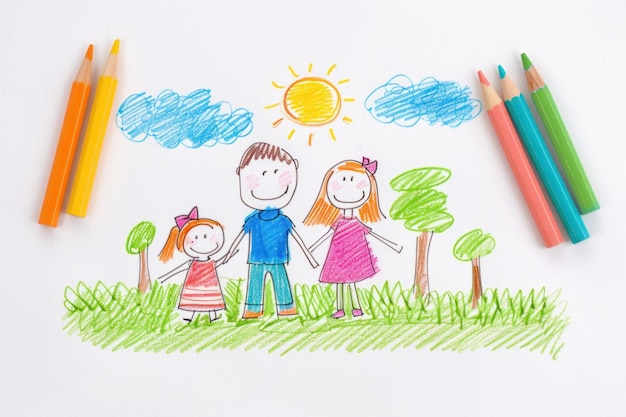 Photo happy family together naive childrens drawing with colored chalk crayon pencil
