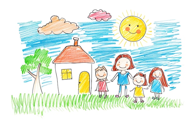 Photo happy family together naive childrens drawing with colored chalk crayon pencil