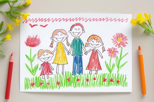 Photo happy family together naive childrens drawing with colored chalk crayon pencil
