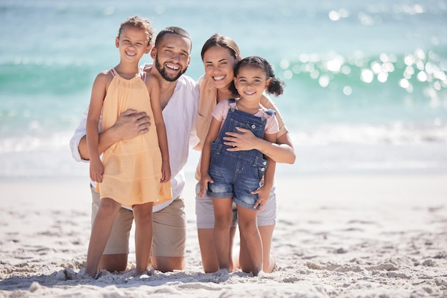 Happy family travel with children and beach vacation fun with caring parents to bond and love while traveling on summer holiday in puerto rico Portrait of man woman and girl kids on tropical trip