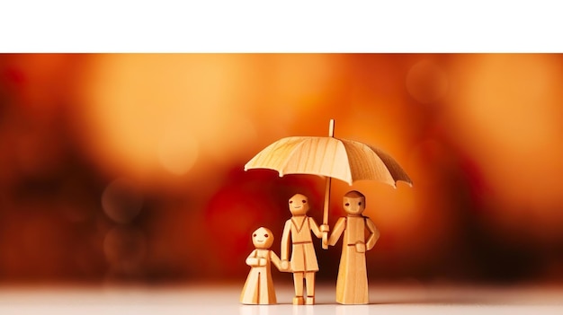 Happy family under the umbrella on raining wooden