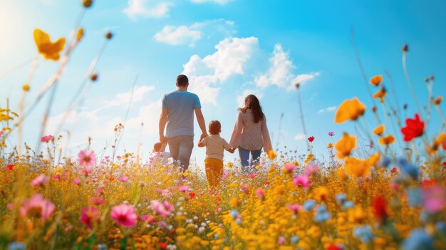 Счастливая семья в живом цветочном поле, наслаждающаяся природой и природным ландшафтом AIG41