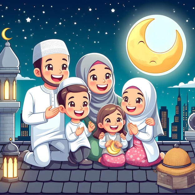 Photo happy family view moon on roof generated ai