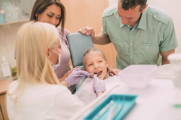 Happy family at visit in the dentist office. Female dentist checking teeth the little girl, her parents standing next to her.