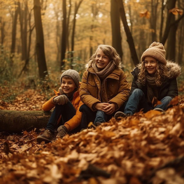 가을의 숲에서 산책하는 행복한 가족 어머니와 딸과 아들은 재미있는 대화를 나누고 있습니다.
