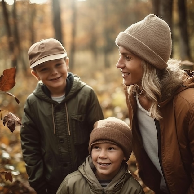 가을의 숲에서 산책하는 행복한 가족 어머니와 아들들은 재미있는 대화를 나누고 있습니다.