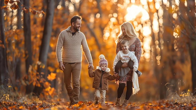 Happy family walking in the autumn forest Parents are smiling and holding hands with their two children The sun is shining through the trees