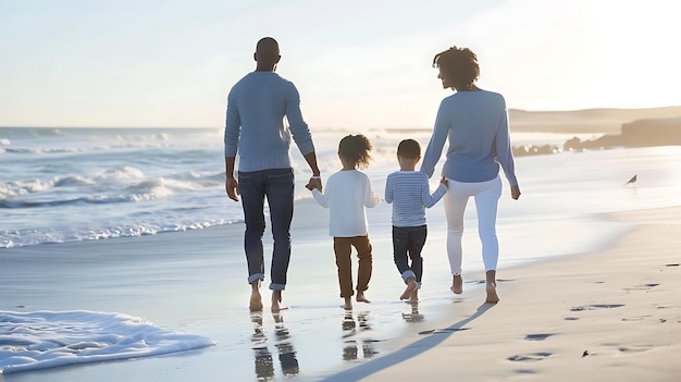 Happy family walking on the beach Parents holding hands with their two children