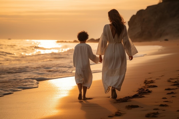 Happy family walking at the beach at sunset