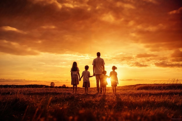 写真 夕暮れの野原で歩く幸せな家族 友好的な家族の概念