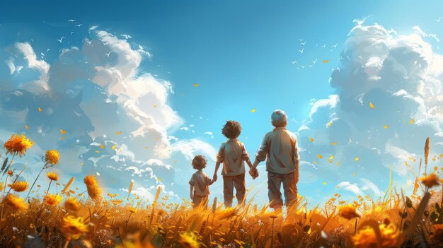 Happy family walking in the meadow with dandelion flowers