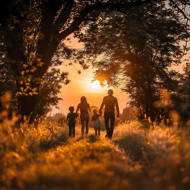 Happy Family walking at sunset time Generative AI