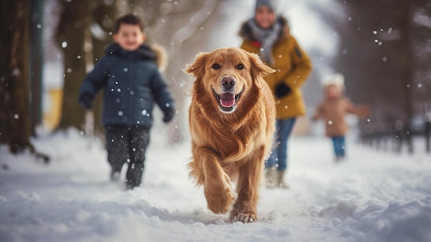 Happy family walking their golden retriever in the winter forest outdoors Active holidays Design ai