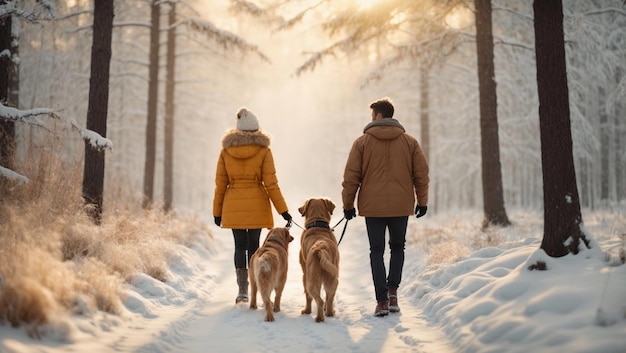 Happy family walking their pet golden retriever in the winter forrest park