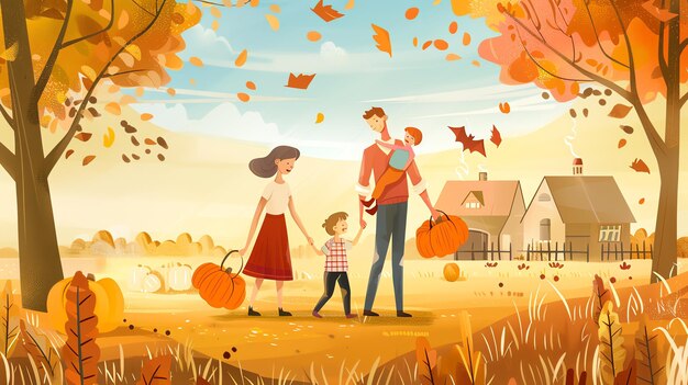 Photo happy family walking through autumn leaves with pumpkins
