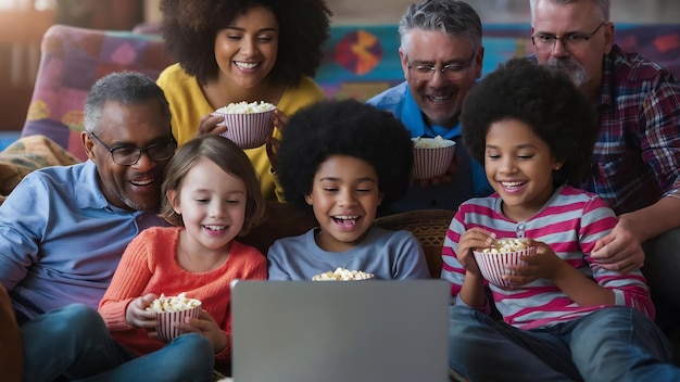 Photo happy family watching a movie on laptop while eating popcorn at home