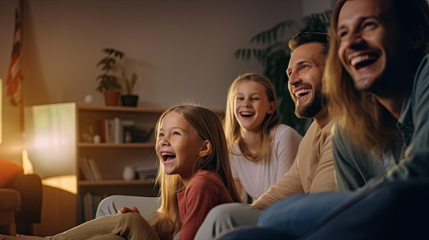 幸せな家族が一緒にテレビを見て、一緒に楽しい夜を過ごすコンセプト